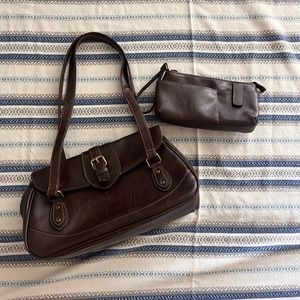 Y2k brown leather shoulder bag w/ matching wallet